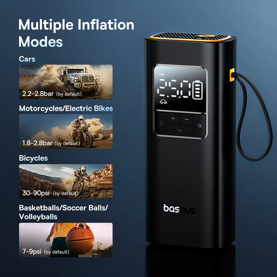 Compressor de Ar Portátil Inteligente Baseus Smart Digital – Para Carro, Mota e Bicicleta