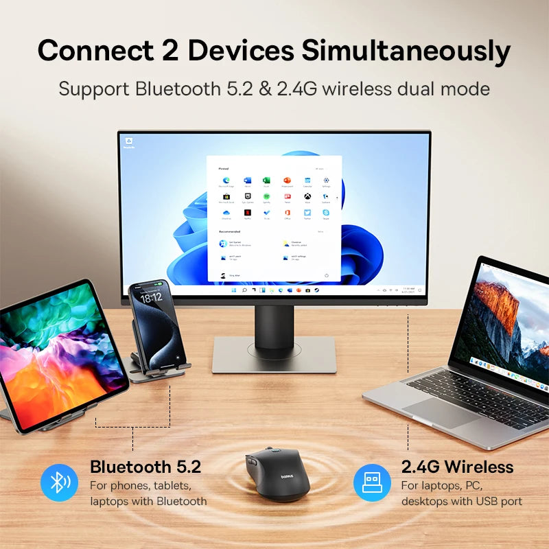 Rato Sem Fios Baseus F02 Ergonomic Dual-Mode (Bluetooth + 2.4GHz) – Silencioso