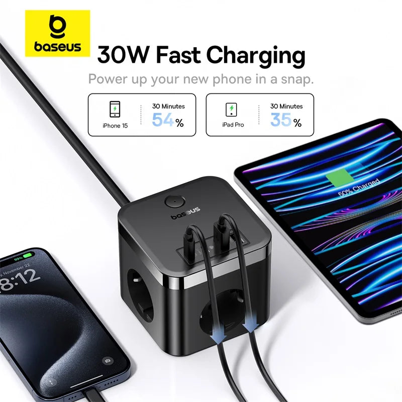 Estação de Carregamento 7-em-1 Baseus GaN 30W – Extensão AC com Portas USB e USB-C