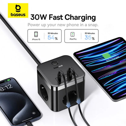 Estação de Carregamento 7-em-1 Baseus GaN 30W – Extensão AC com Portas USB e USB-C