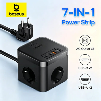Estação de Carregamento 7-em-1 Baseus GaN 30W – Extensão AC com Portas USB e USB-C